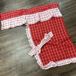 Set 2 Sears Perma Red White Plaid Fashion Curtain w/ SWAG Panels 38" Rod Pocket